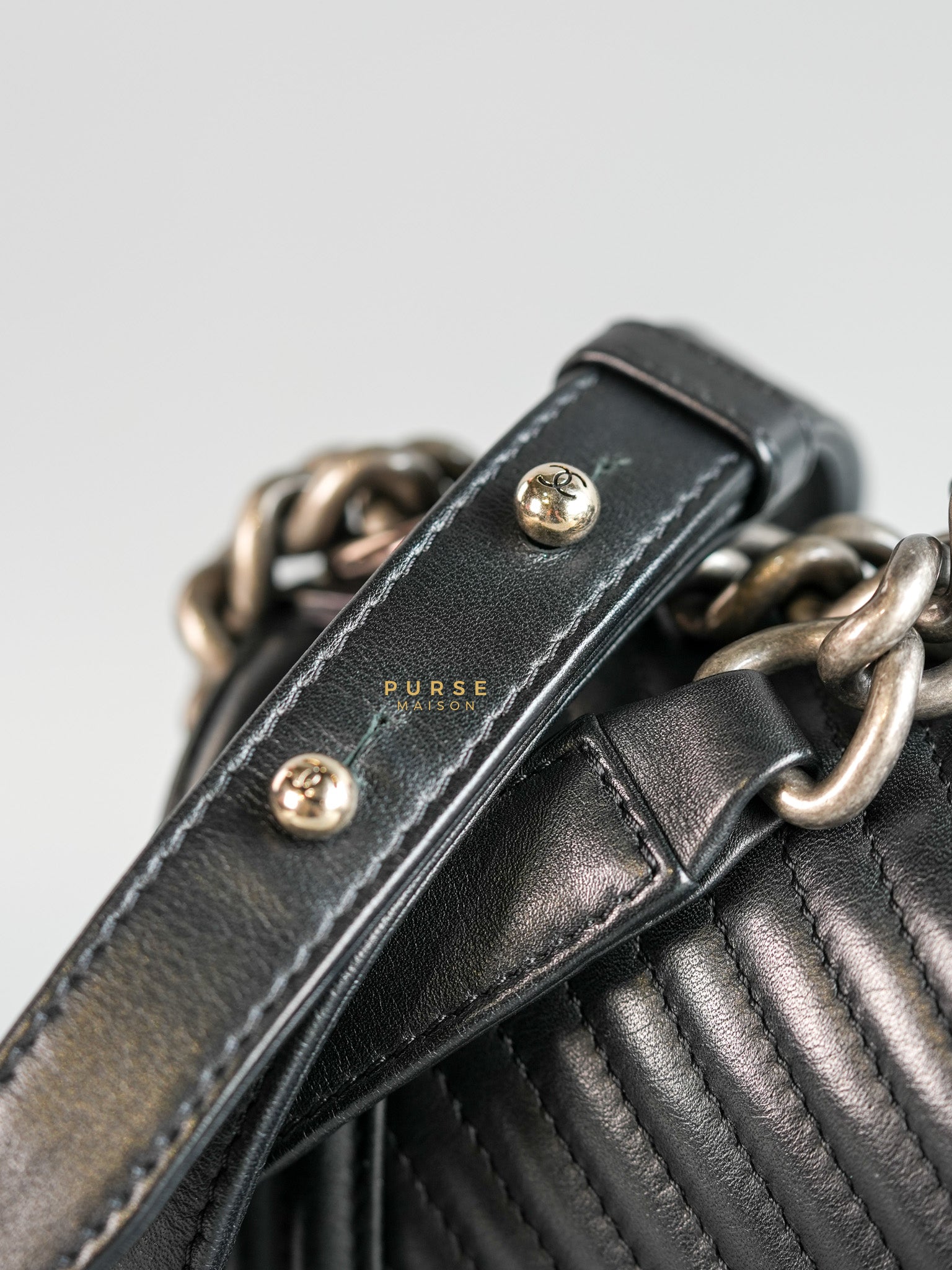 Boy New Medium Chevron Leather Boy Shoulder in Gun Metal Tone Hardware Series 20 | Purse Maison Luxury Bags Shop