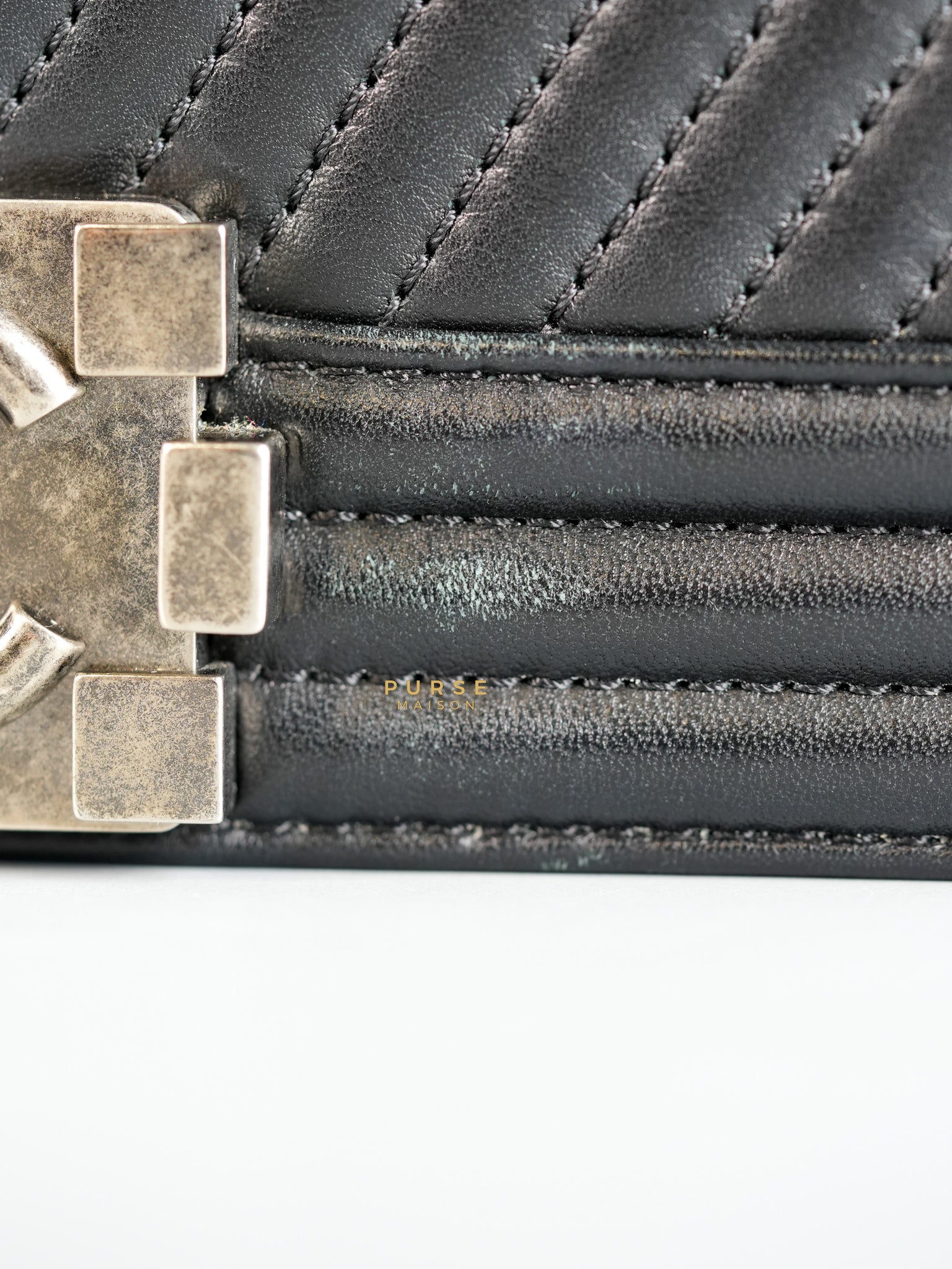 Boy New Medium Chevron Leather Boy Shoulder in Gun Metal Tone Hardware Series 20 | Purse Maison Luxury Bags Shop