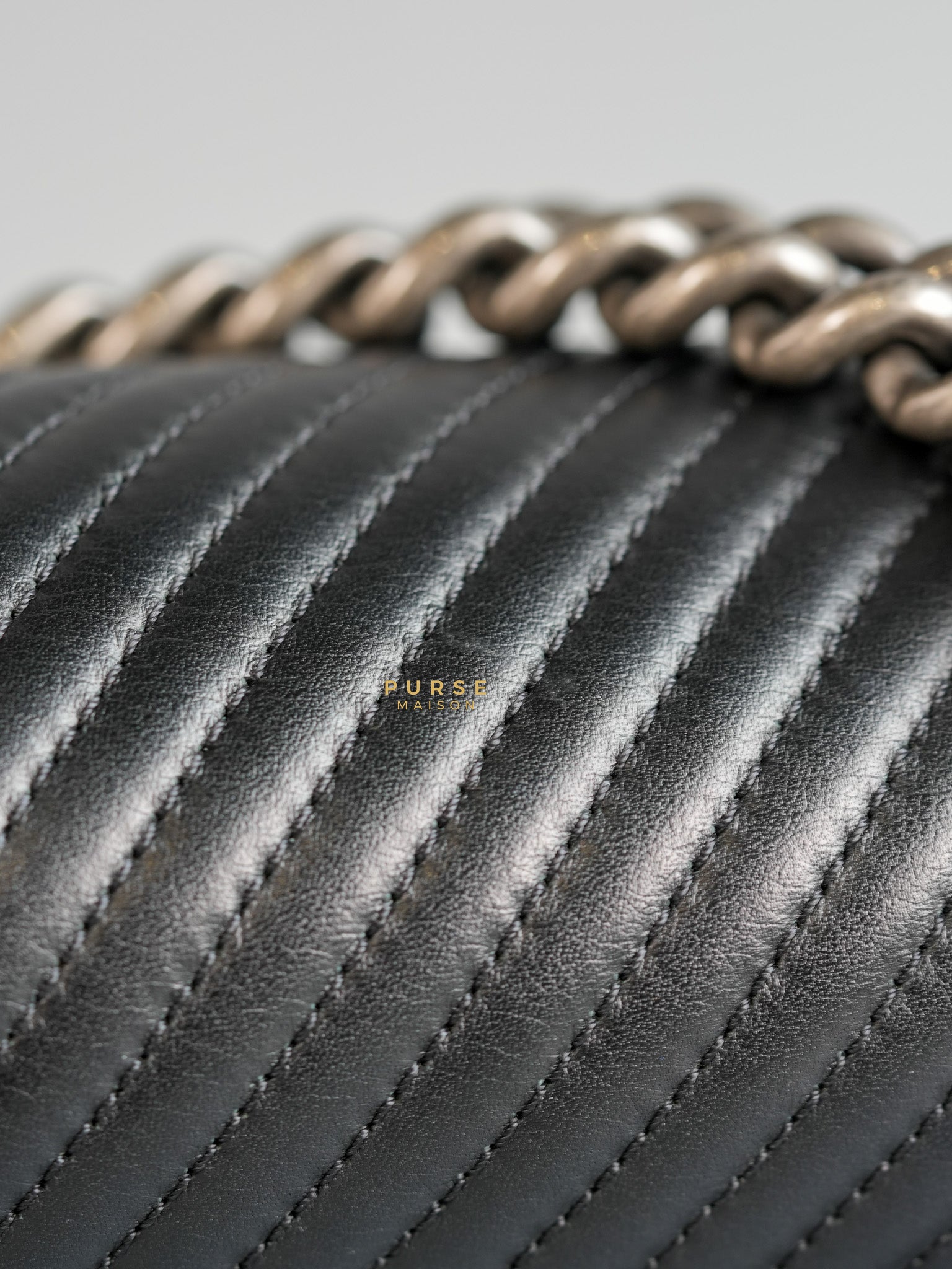 Boy New Medium Chevron Leather Boy Shoulder in Gun Metal Tone Hardware Series 20 | Purse Maison Luxury Bags Shop