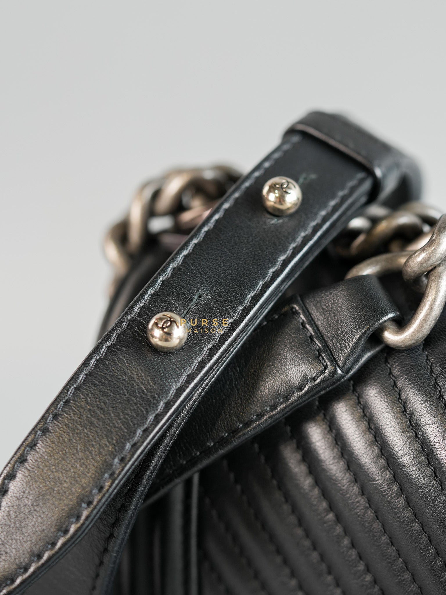 Boy New Medium Chevron Leather Boy Shoulder in Gun Metal Tone Hardware Series 20 | Purse Maison Luxury Bags Shop