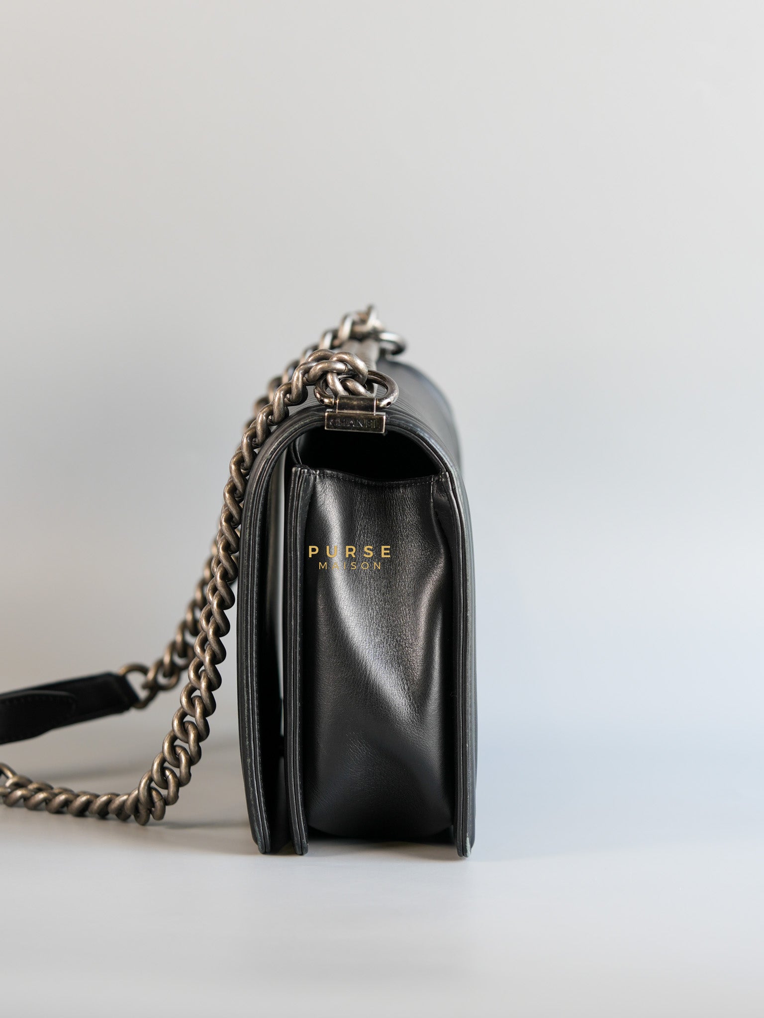 Boy New Medium Chevron Leather Boy Shoulder in Gun Metal Tone Hardware Series 20 | Purse Maison Luxury Bags Shop