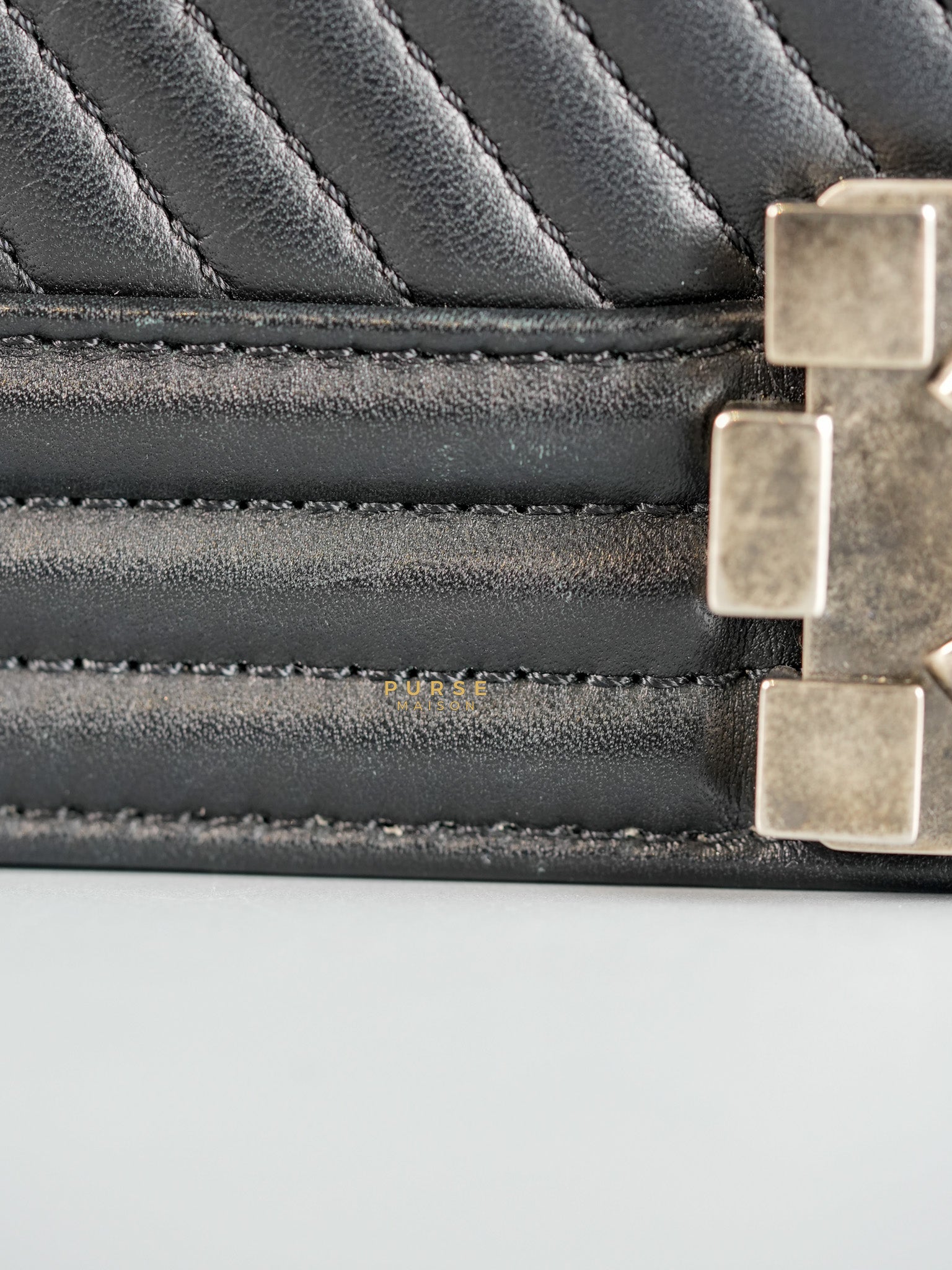 Boy New Medium Chevron Leather Boy Shoulder in Gun Metal Tone Hardware Series 20 | Purse Maison Luxury Bags Shop