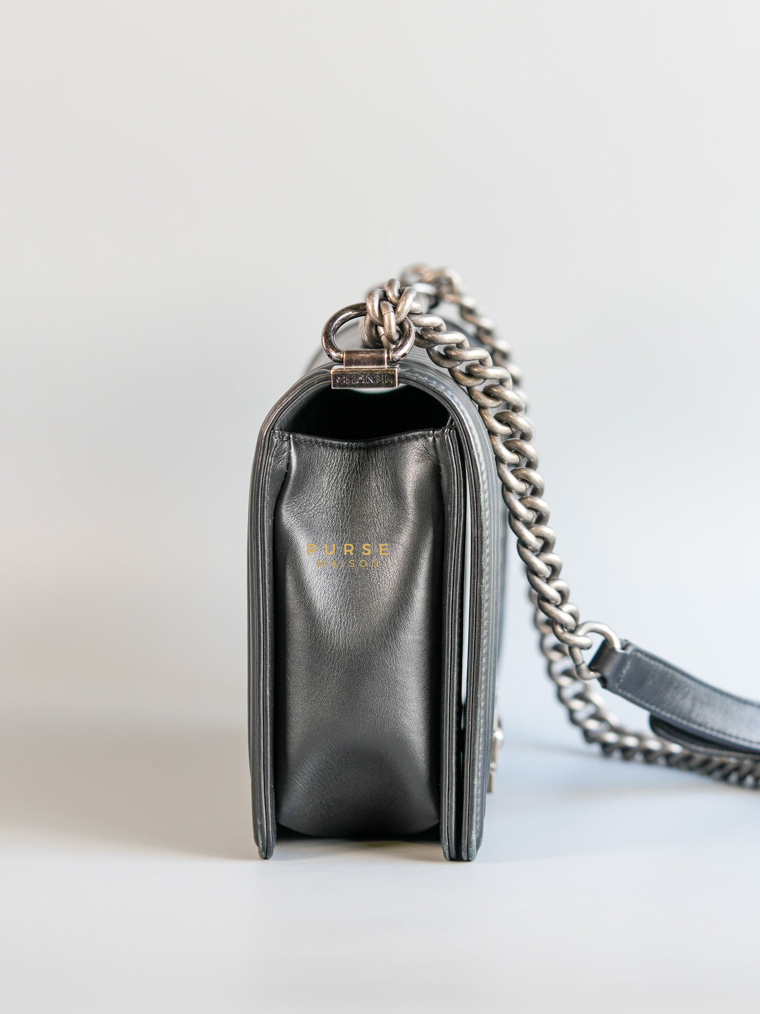 Boy New Medium Chevron Leather Boy Shoulder in Gun Metal Tone Hardware Series 20 | Purse Maison Luxury Bags Shop