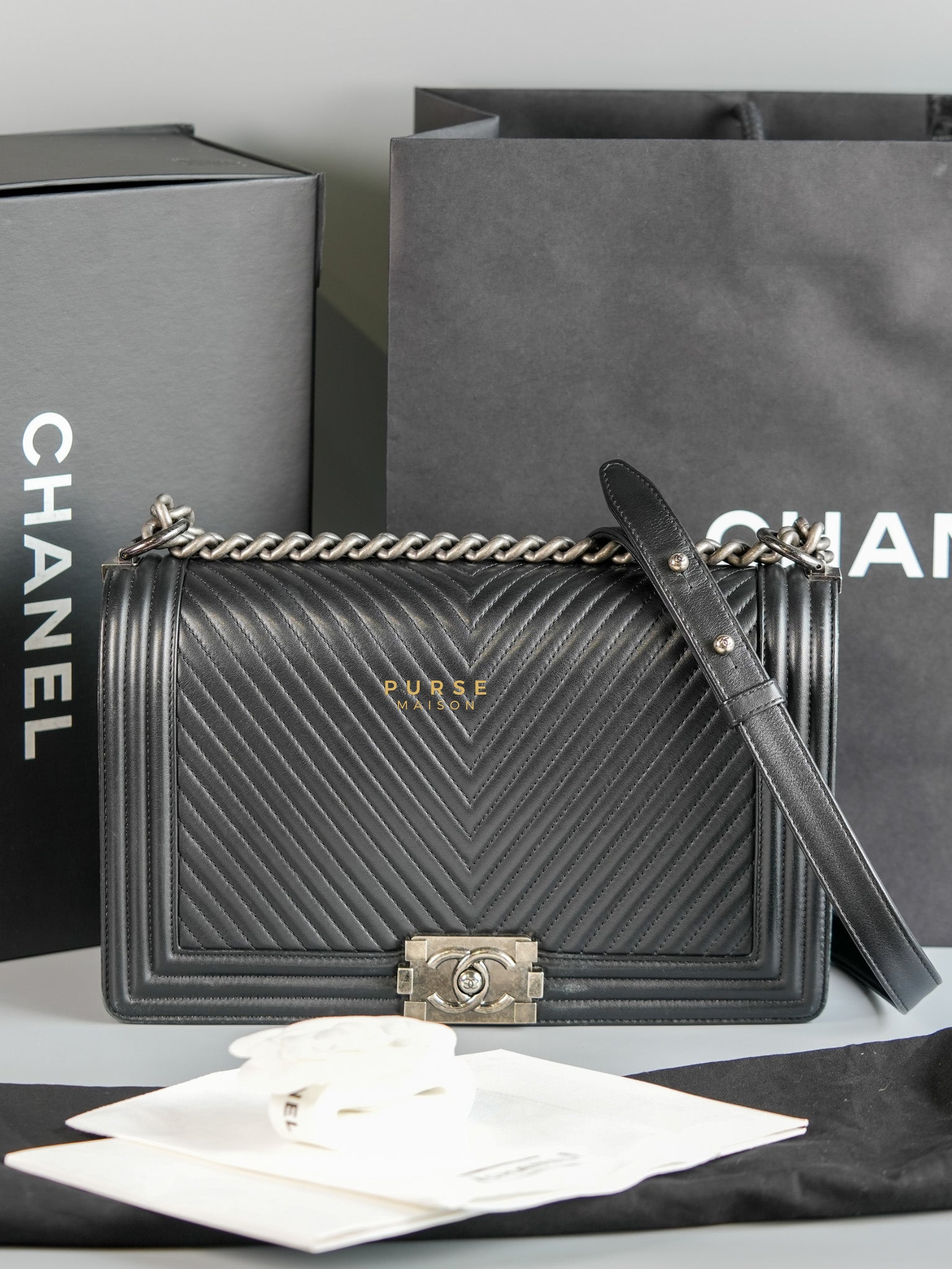 Boy New Medium Chevron Leather Boy Shoulder in Gun Metal Tone Hardware Series 20 | Purse Maison Luxury Bags Shop