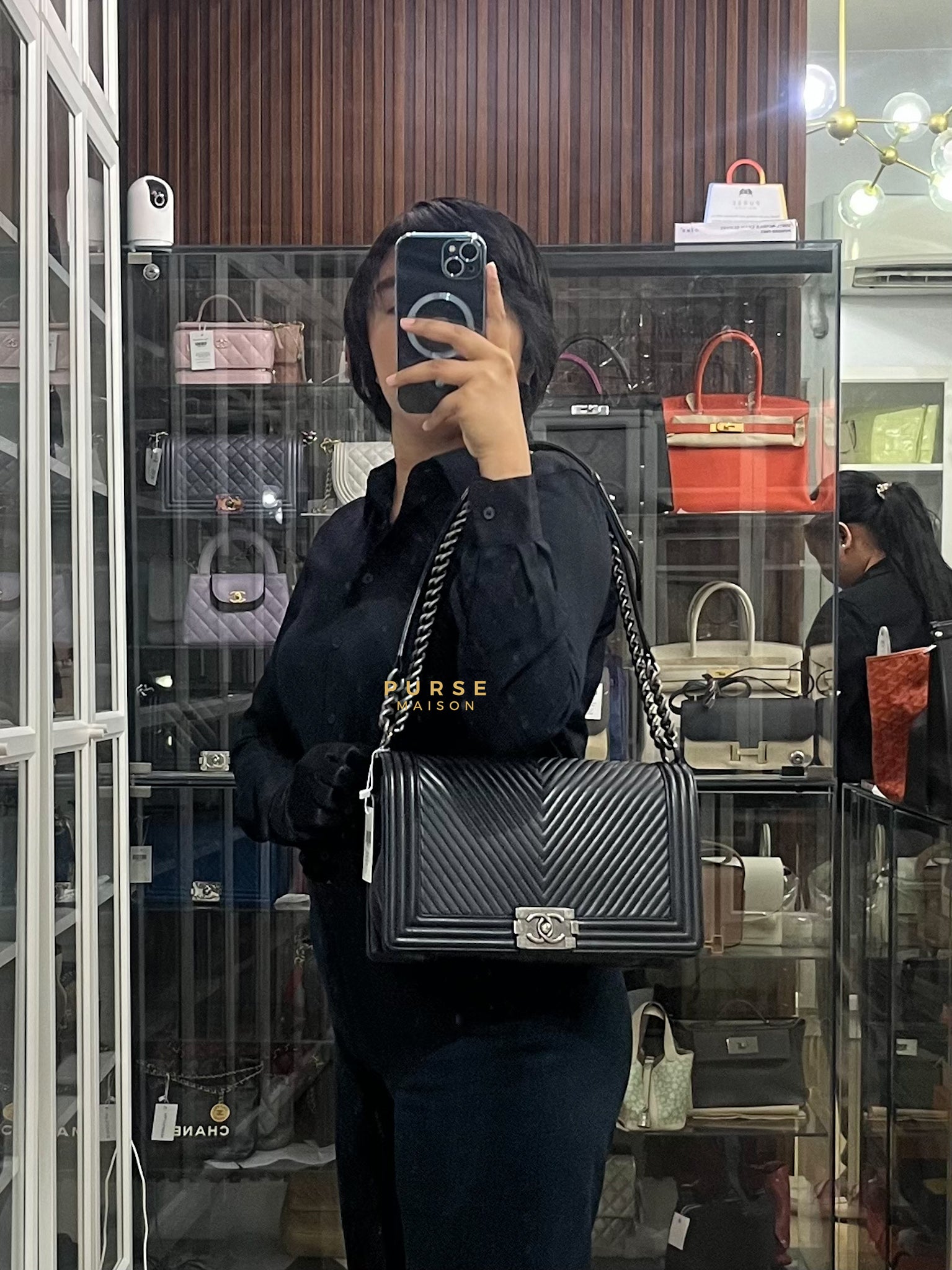 Boy New Medium Chevron Leather Boy Shoulder in Gun Metal Tone Hardware Series 20 | Purse Maison Luxury Bags Shop