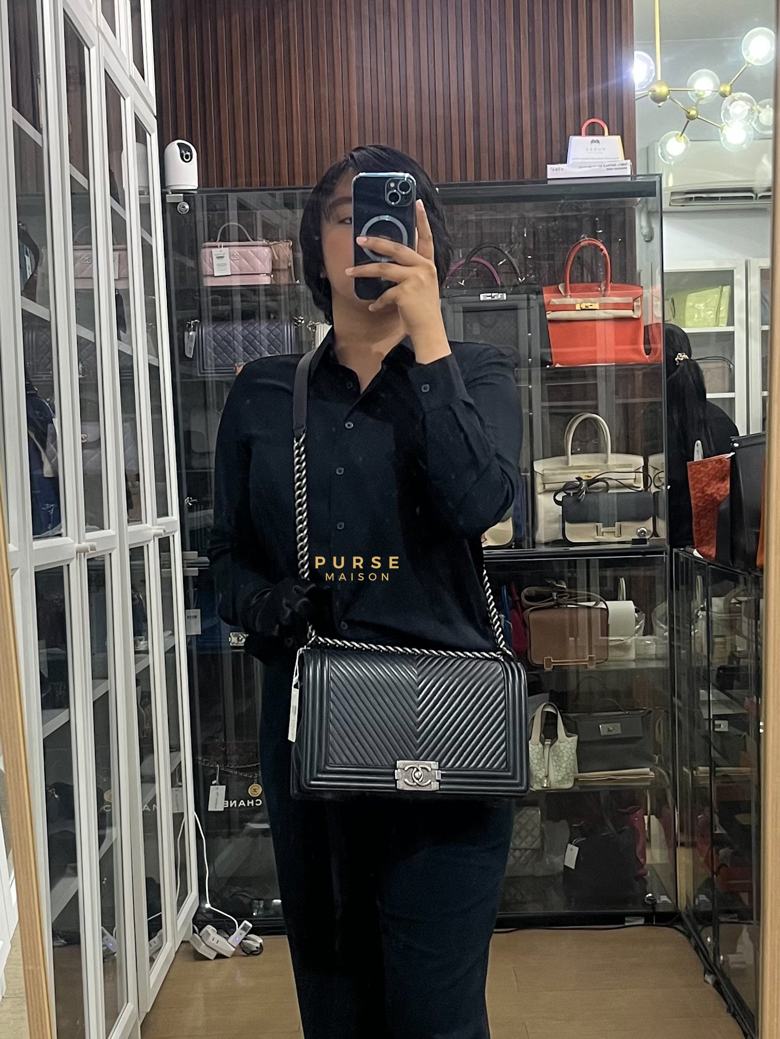 Boy New Medium Chevron Leather Boy Shoulder in Gun Metal Tone Hardware Series 20 | Purse Maison Luxury Bags Shop