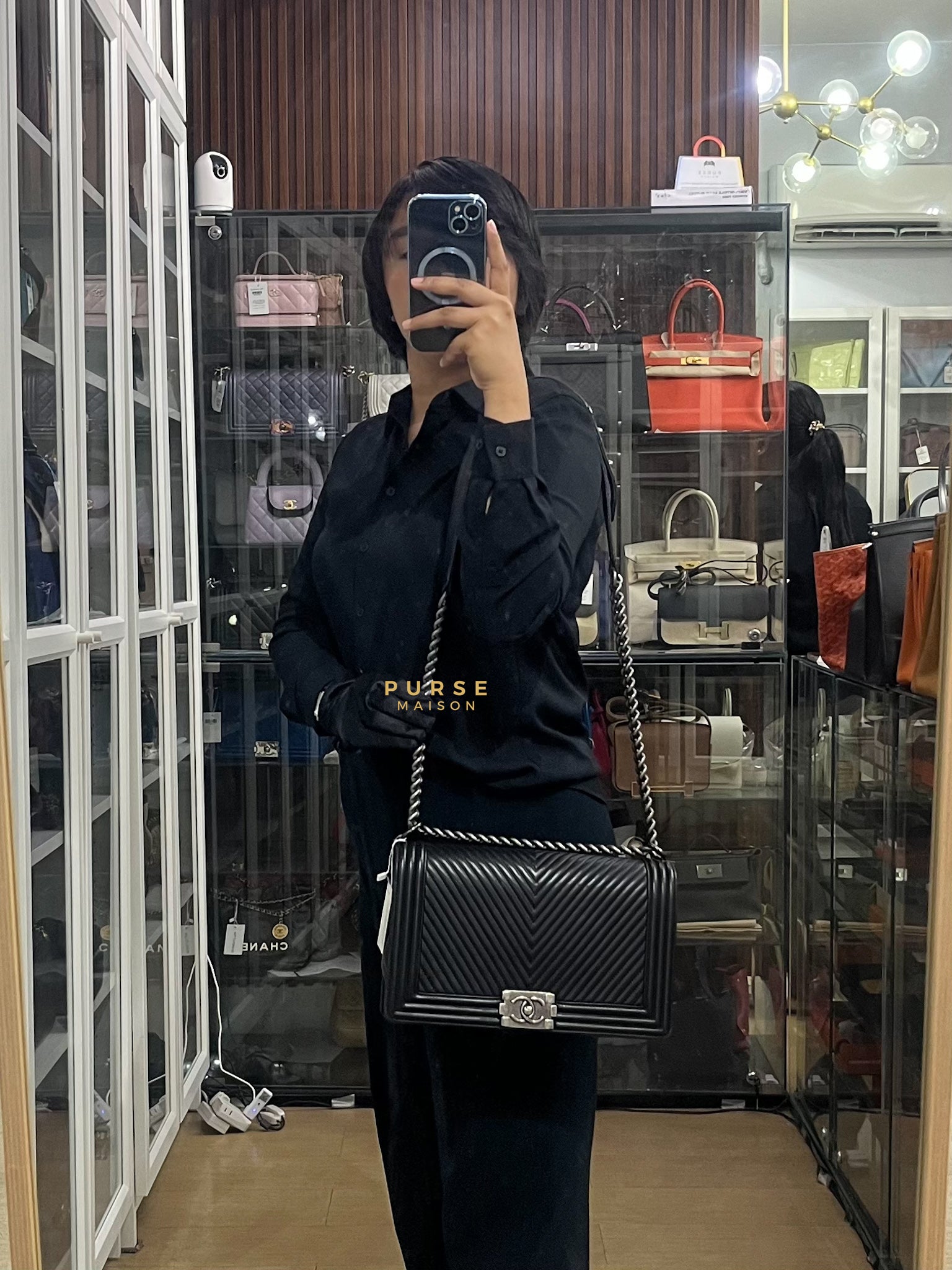 Boy New Medium Chevron Leather Boy Shoulder in Gun Metal Tone Hardware Series 20 | Purse Maison Luxury Bags Shop