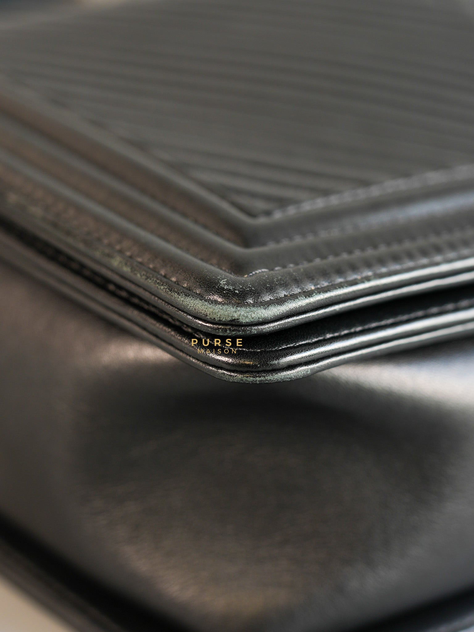 Boy New Medium Chevron Leather Boy Shoulder in Gun Metal Tone Hardware Series 20 | Purse Maison Luxury Bags Shop