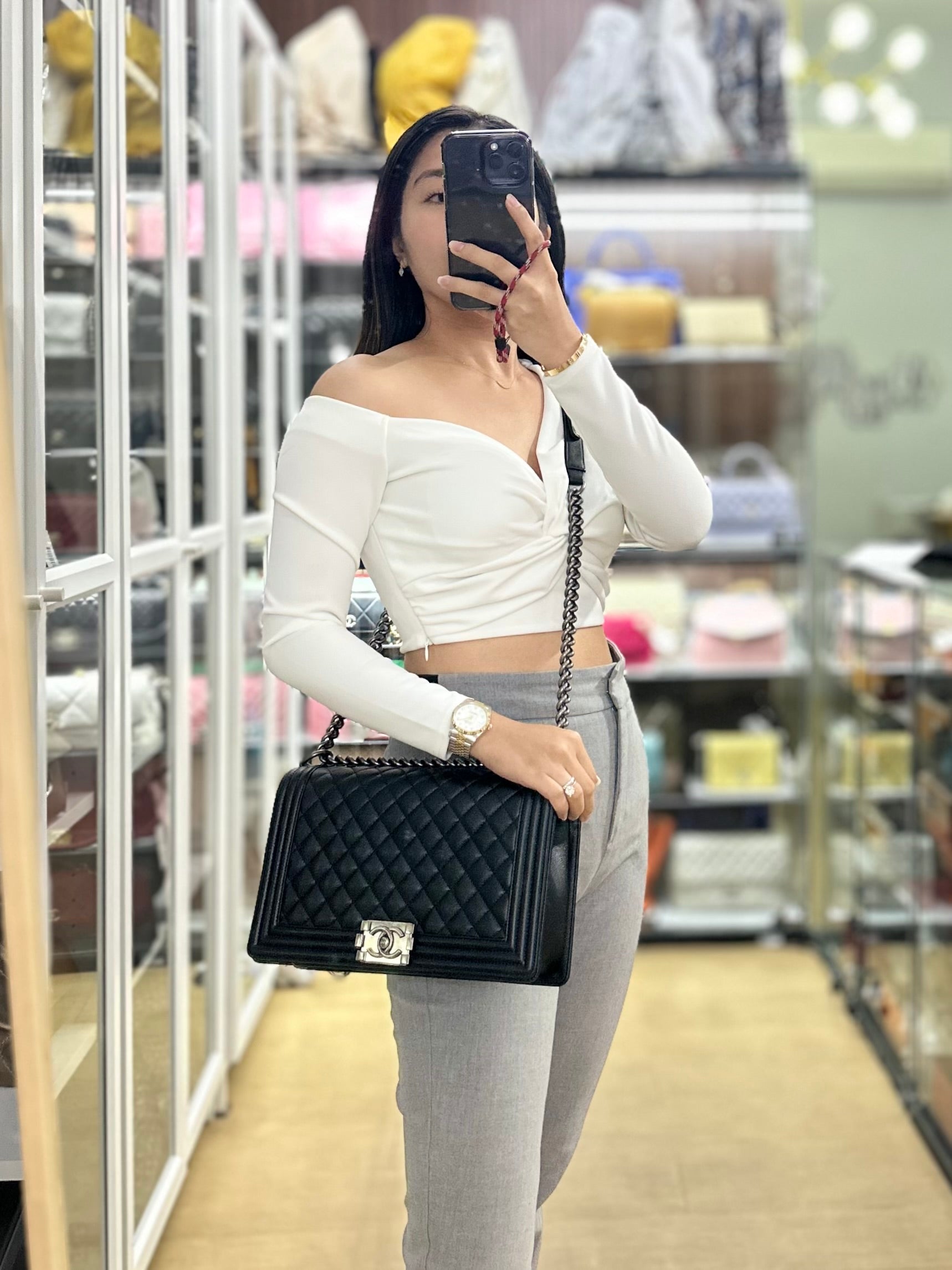 Boy New Medium in Black Quilted Caviar Leather & Ruthenium Hardware (Microchip) | Purse Maison Luxury Bags Shop