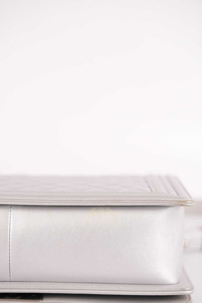 Boy New Medium Metallic Gray Calfskin Leather in Ruthenium Hardware Series 20 | Purse Maison Luxury Bags Shop