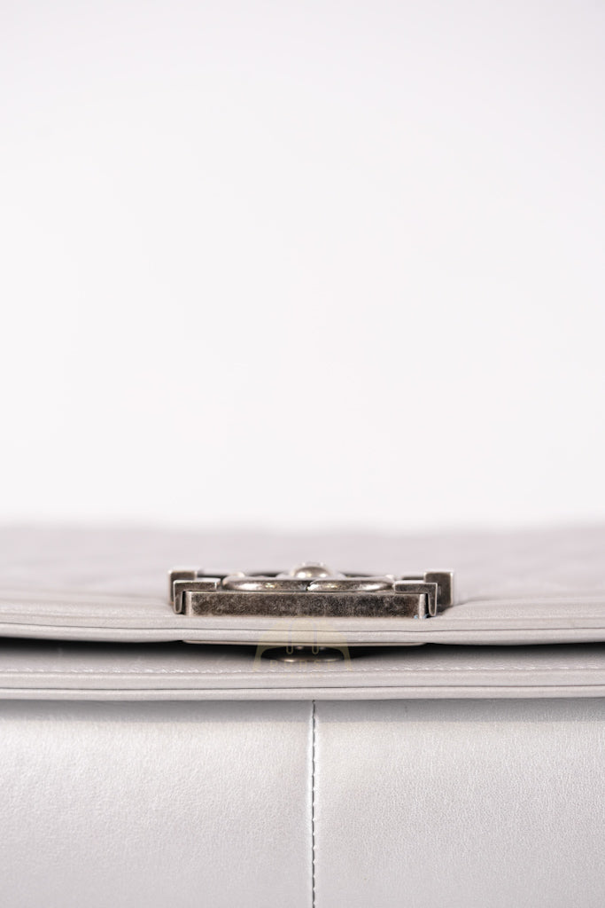 Boy New Medium Metallic Gray Calfskin Leather in Ruthenium Hardware Series 20 | Purse Maison Luxury Bags Shop