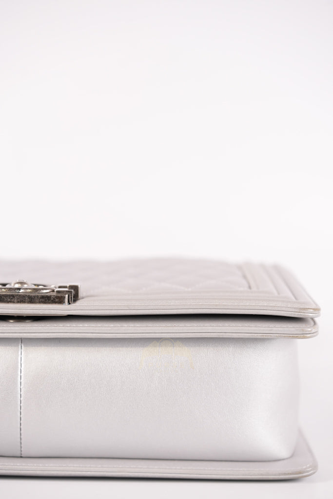 Boy New Medium Metallic Gray Calfskin Leather in Ruthenium Hardware Series 20 | Purse Maison Luxury Bags Shop