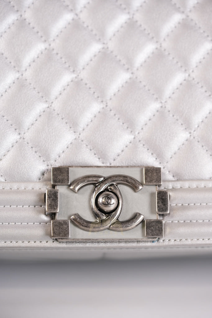 Boy New Medium Metallic Gray Calfskin Leather in Ruthenium Hardware Series 20 | Purse Maison Luxury Bags Shop