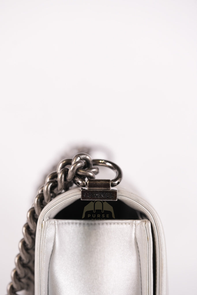 Boy New Medium Metallic Gray Calfskin Leather in Ruthenium Hardware Series 20 | Purse Maison Luxury Bags Shop