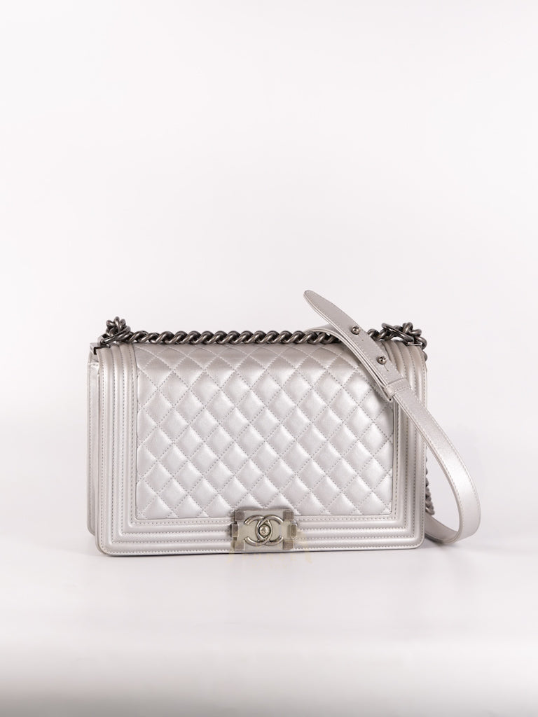 Boy New Medium Metallic Gray Calfskin Leather in Ruthenium Hardware Series 20 | Purse Maison Luxury Bags Shop