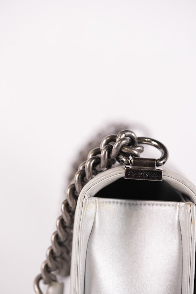 Boy New Medium Metallic Gray Calfskin Leather in Ruthenium Hardware Series 20 | Purse Maison Luxury Bags Shop