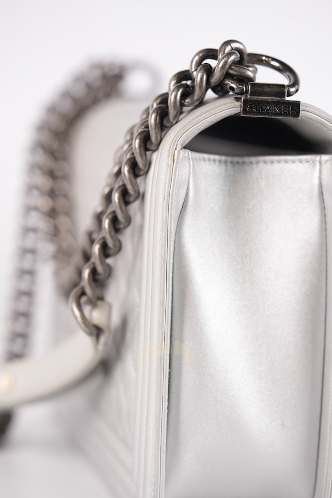 Boy New Medium Metallic Gray Calfskin Leather in Ruthenium Hardware Series 20 | Purse Maison Luxury Bags Shop