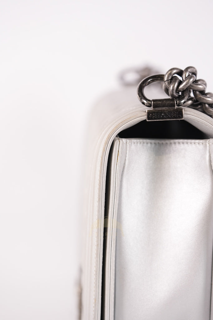 Boy New Medium Metallic Gray Calfskin Leather in Ruthenium Hardware Series 20 | Purse Maison Luxury Bags Shop