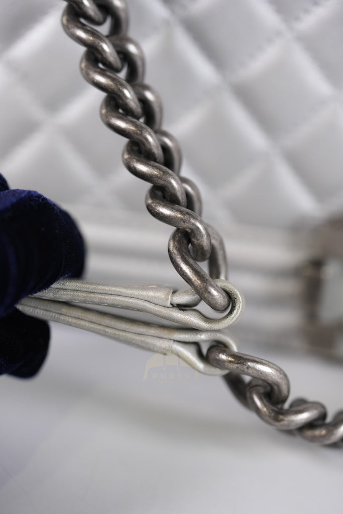 Boy New Medium Metallic Gray Calfskin Leather in Ruthenium Hardware Series 20 | Purse Maison Luxury Bags Shop