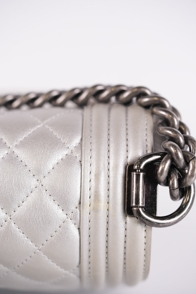 Boy New Medium Metallic Gray Calfskin Leather in Ruthenium Hardware Series 20 | Purse Maison Luxury Bags Shop