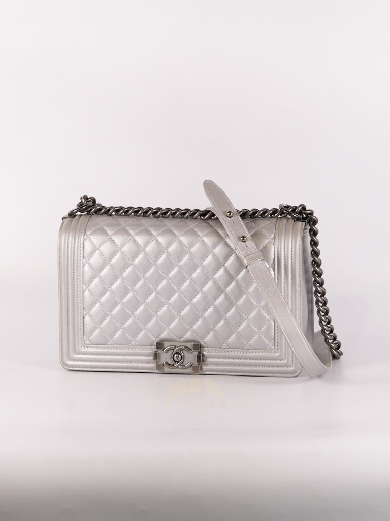 Boy New Medium Metallic Gray Calfskin Leather in Ruthenium Hardware Series 20 | Purse Maison Luxury Bags Shop