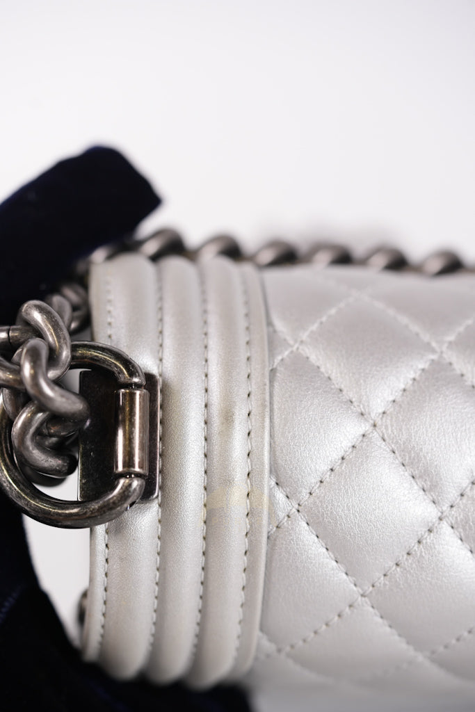 Boy New Medium Metallic Gray Calfskin Leather in Ruthenium Hardware Series 20 | Purse Maison Luxury Bags Shop