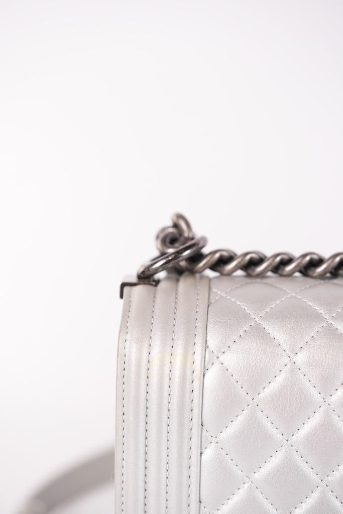 Boy New Medium Metallic Gray Calfskin Leather in Ruthenium Hardware Series 20 | Purse Maison Luxury Bags Shop