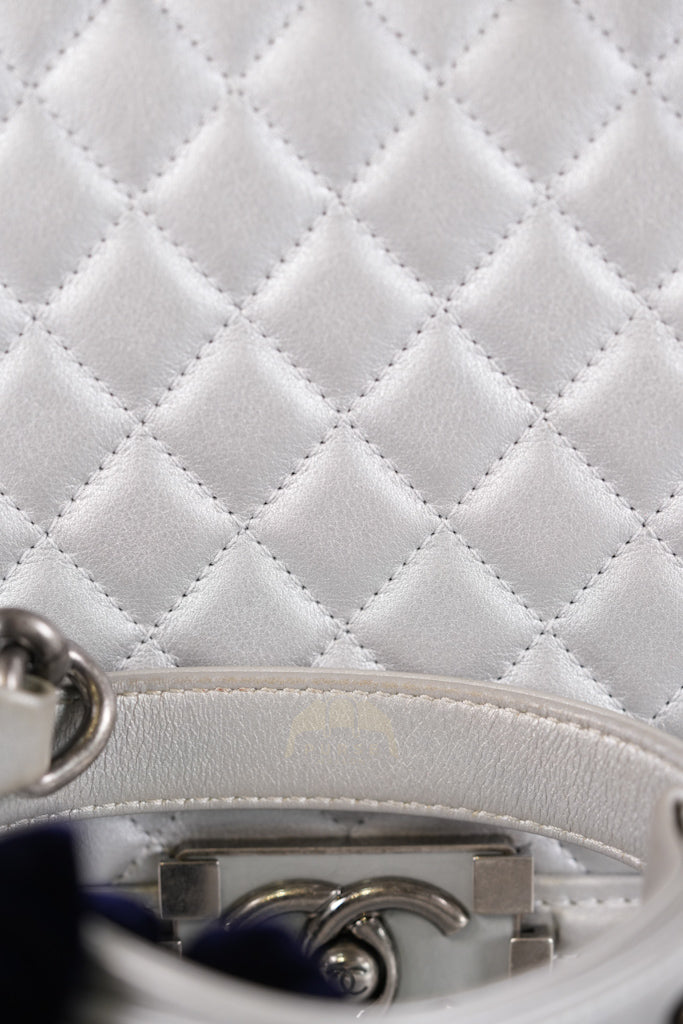 Boy New Medium Metallic Gray Calfskin Leather in Ruthenium Hardware Series 20 | Purse Maison Luxury Bags Shop