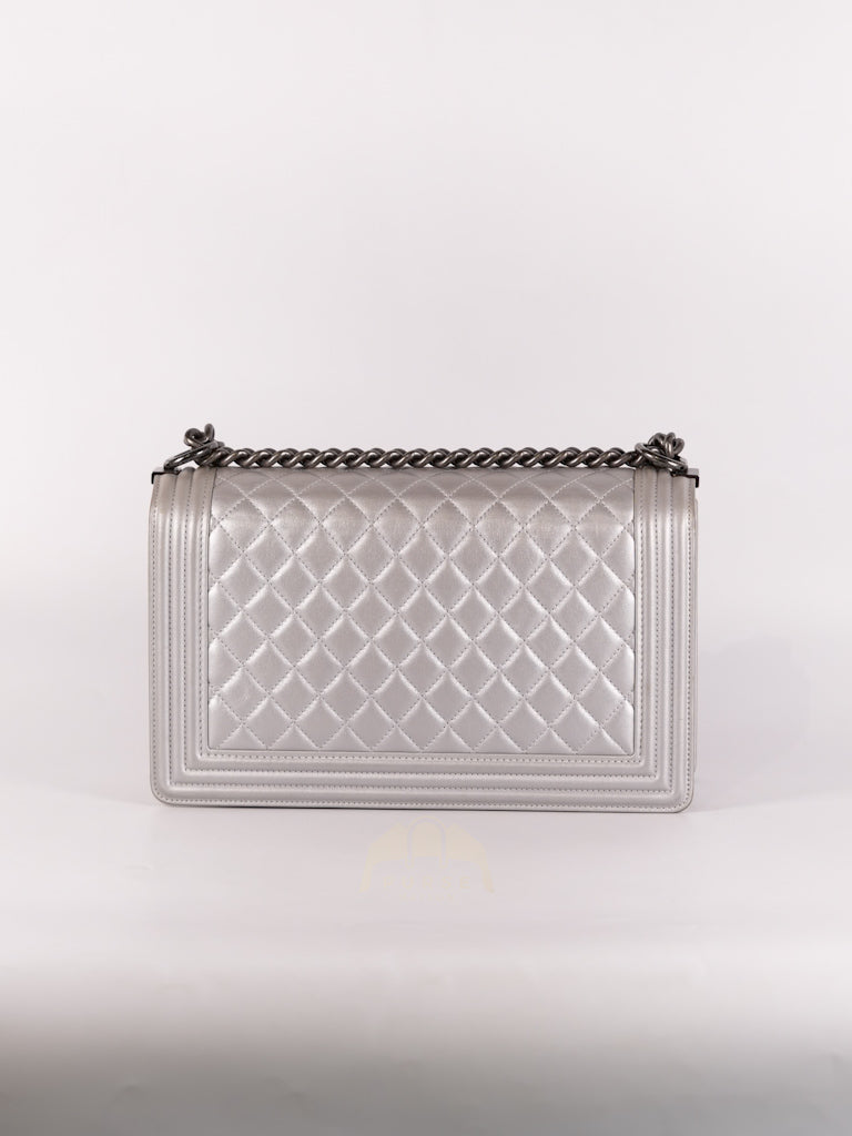 Boy New Medium Metallic Gray Calfskin Leather in Ruthenium Hardware Series 20 | Purse Maison Luxury Bags Shop