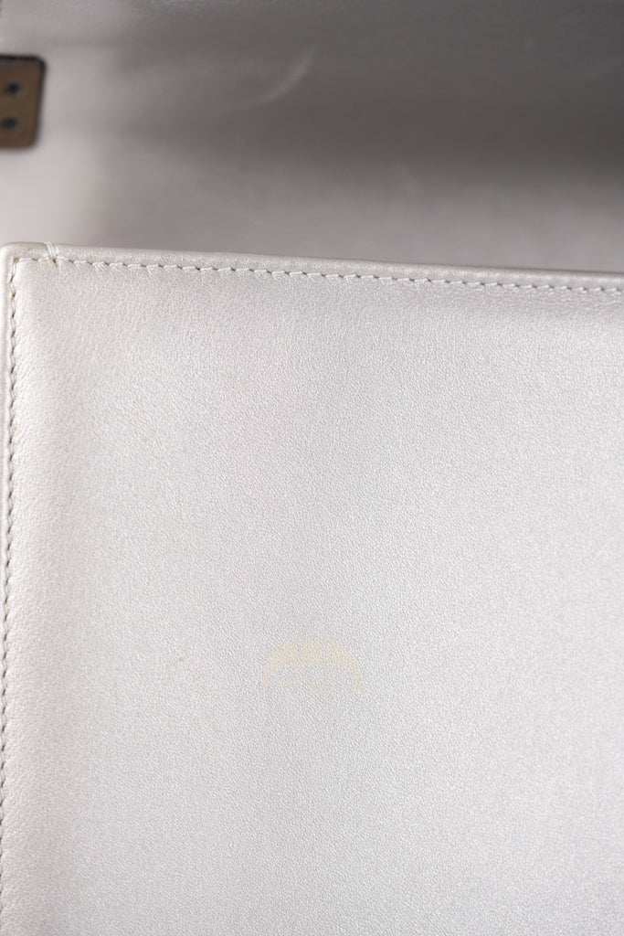 Boy New Medium Metallic Gray Calfskin Leather in Ruthenium Hardware Series 20 | Purse Maison Luxury Bags Shop