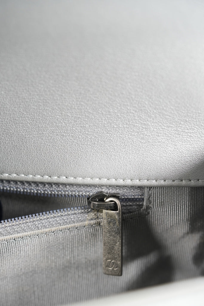 Boy New Medium Metallic Gray Calfskin Leather in Ruthenium Hardware Series 20 | Purse Maison Luxury Bags Shop