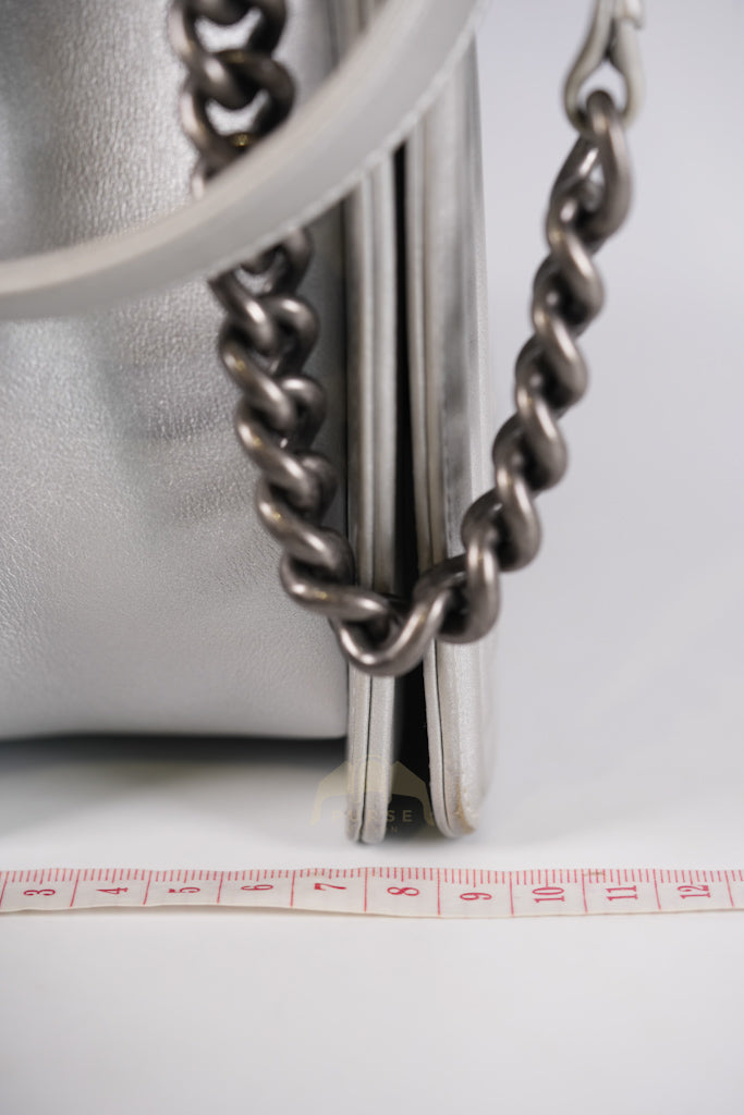 Boy New Medium Metallic Gray Calfskin Leather in Ruthenium Hardware Series 20 | Purse Maison Luxury Bags Shop