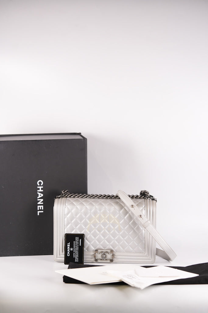 Boy New Medium Metallic Gray Calfskin Leather in Ruthenium Hardware Series 20 | Purse Maison Luxury Bags Shop