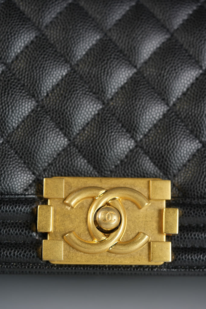 Boy Old Medium Black Caviar Leather in Aged Gold Hardware (Microchip) | Purse Maison Luxury Bags Shop