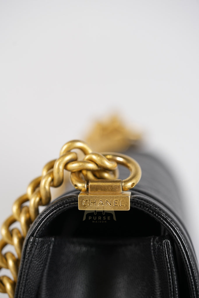 Boy Old Medium Black Caviar Leather in Aged Gold Hardware (Microchip) | Purse Maison Luxury Bags Shop