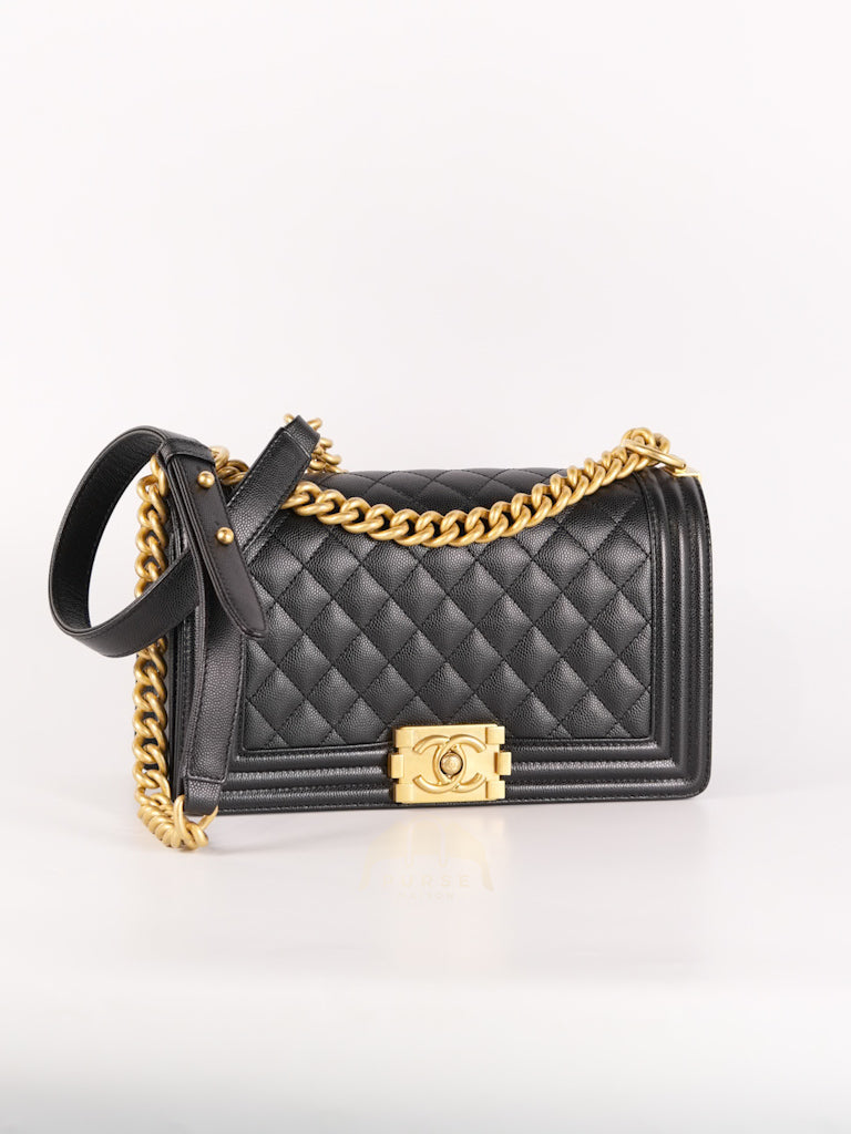 Boy Old Medium Black Caviar Leather in Aged Gold Hardware (Microchip) | Purse Maison Luxury Bags Shop