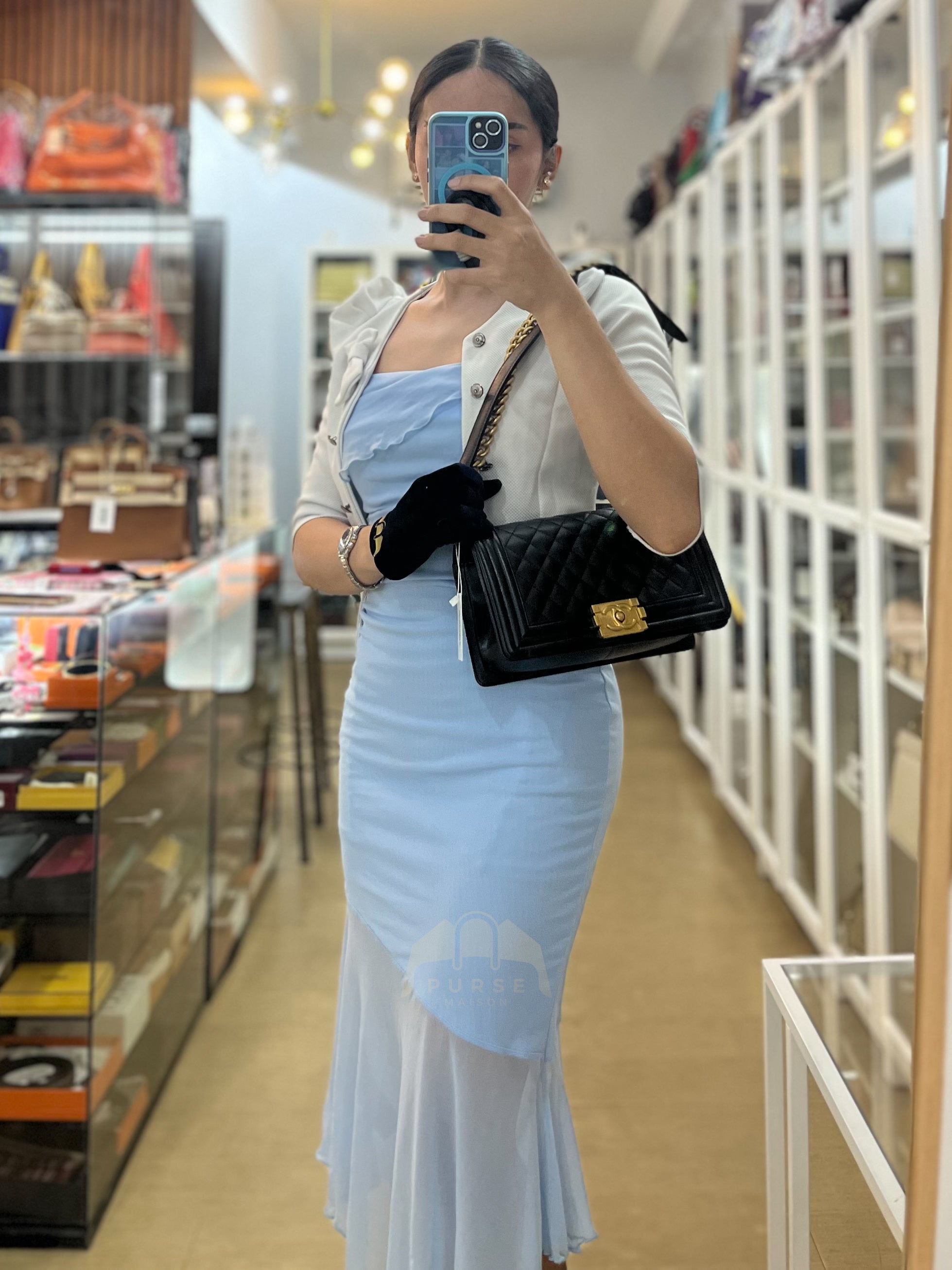 Boy Old Medium Black Caviar Leather in Aged Gold Hardware (Microchip) | Purse Maison Luxury Bags Shop