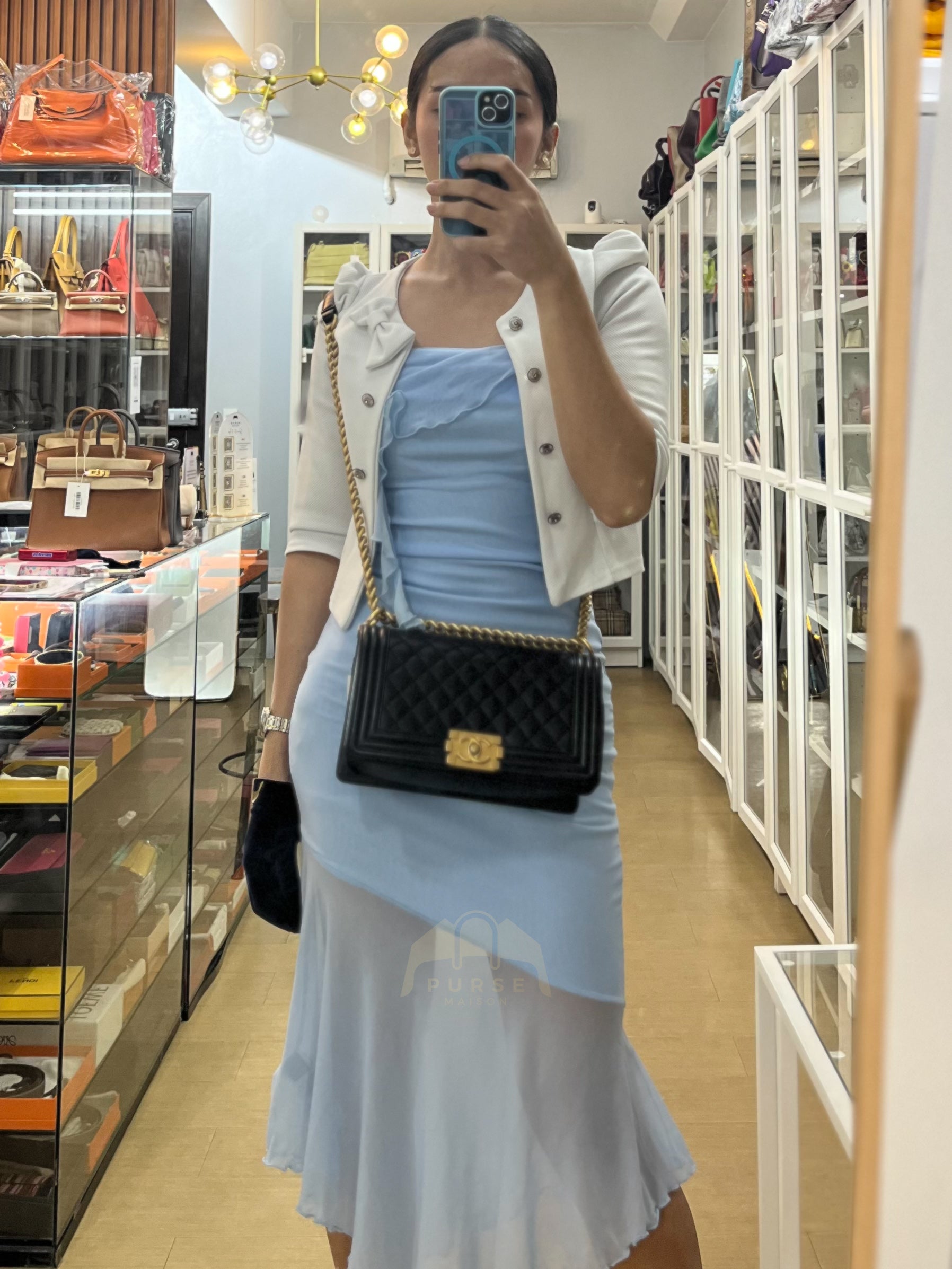 Boy Old Medium Black Caviar Leather in Aged Gold Hardware (Microchip) | Purse Maison Luxury Bags Shop