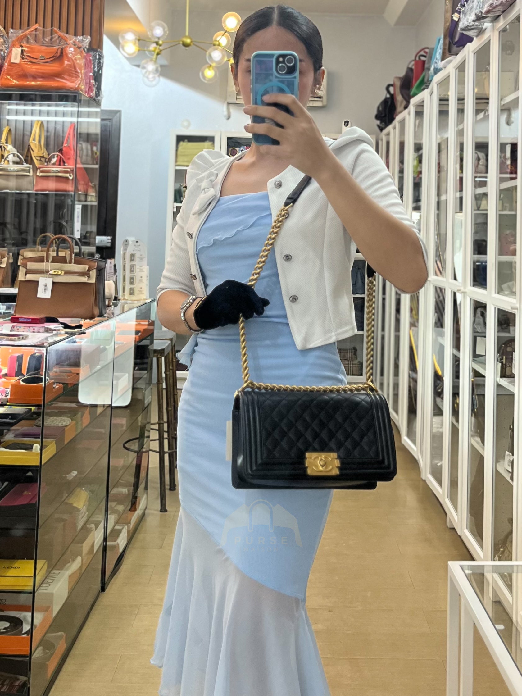 Boy Old Medium Black Caviar Leather in Aged Gold Hardware (Microchip) | Purse Maison Luxury Bags Shop