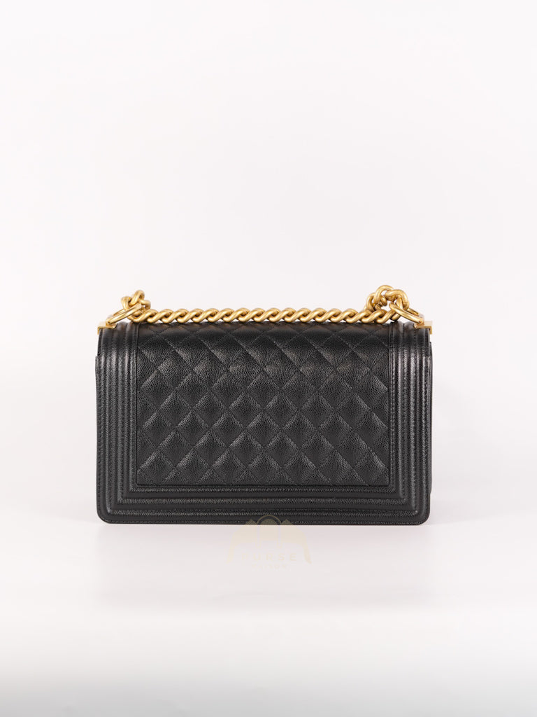 Boy Old Medium Black Caviar Leather in Aged Gold Hardware (Microchip) | Purse Maison Luxury Bags Shop