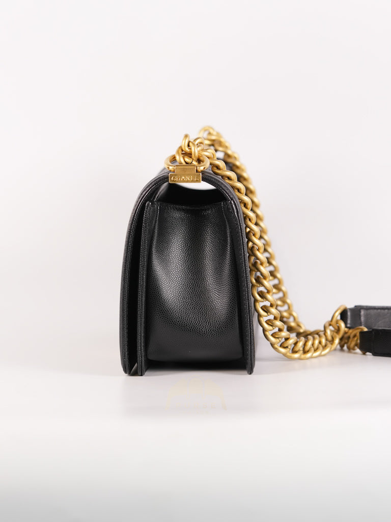 Boy Old Medium Black Caviar Leather in Aged Gold Hardware (Microchip) | Purse Maison Luxury Bags Shop
