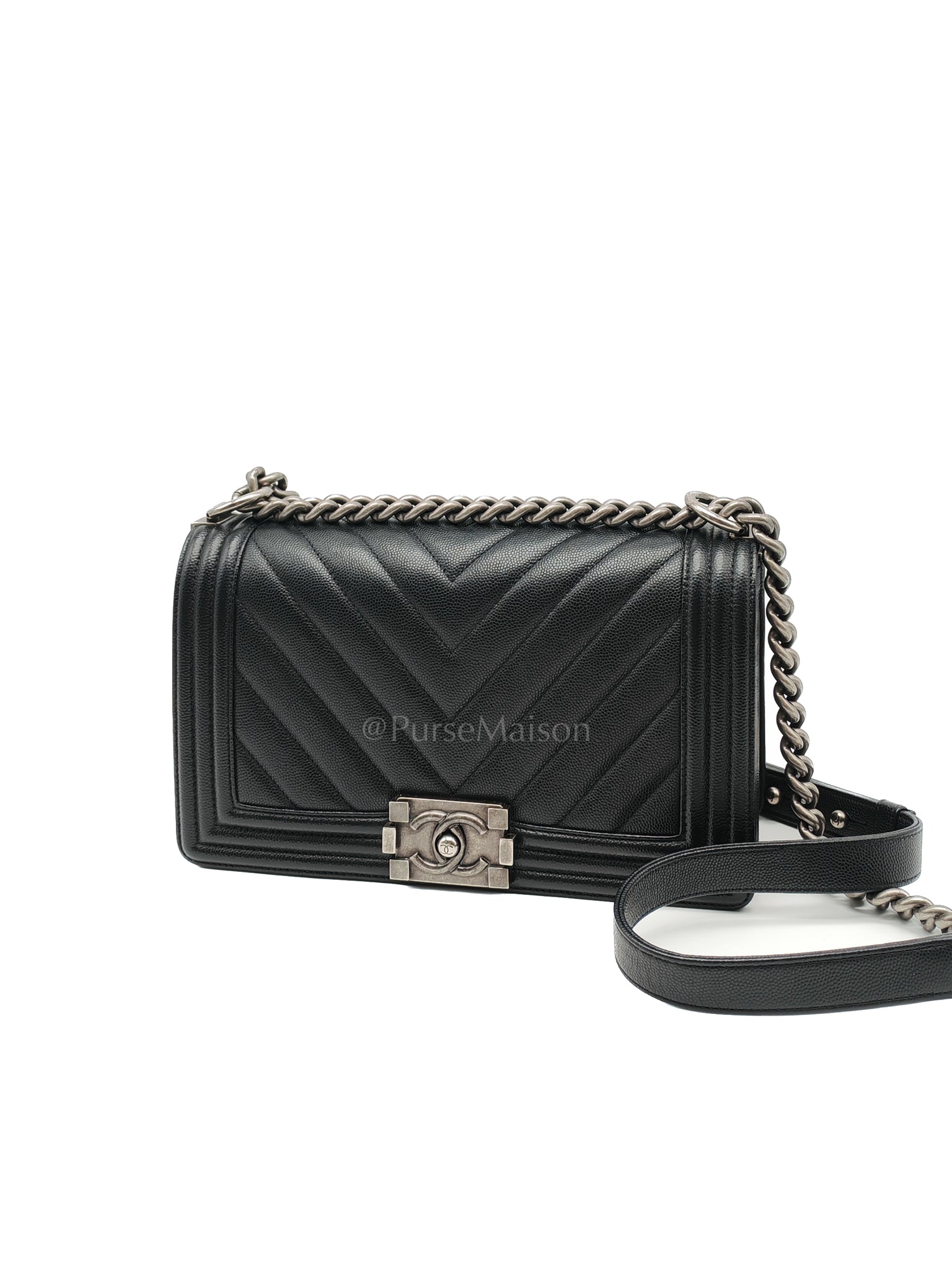 Boy Old Medium Chevron in Black Caviar Leather and Ruthenium Hardware Series 24 | Purse Maison Luxury Bags Shop