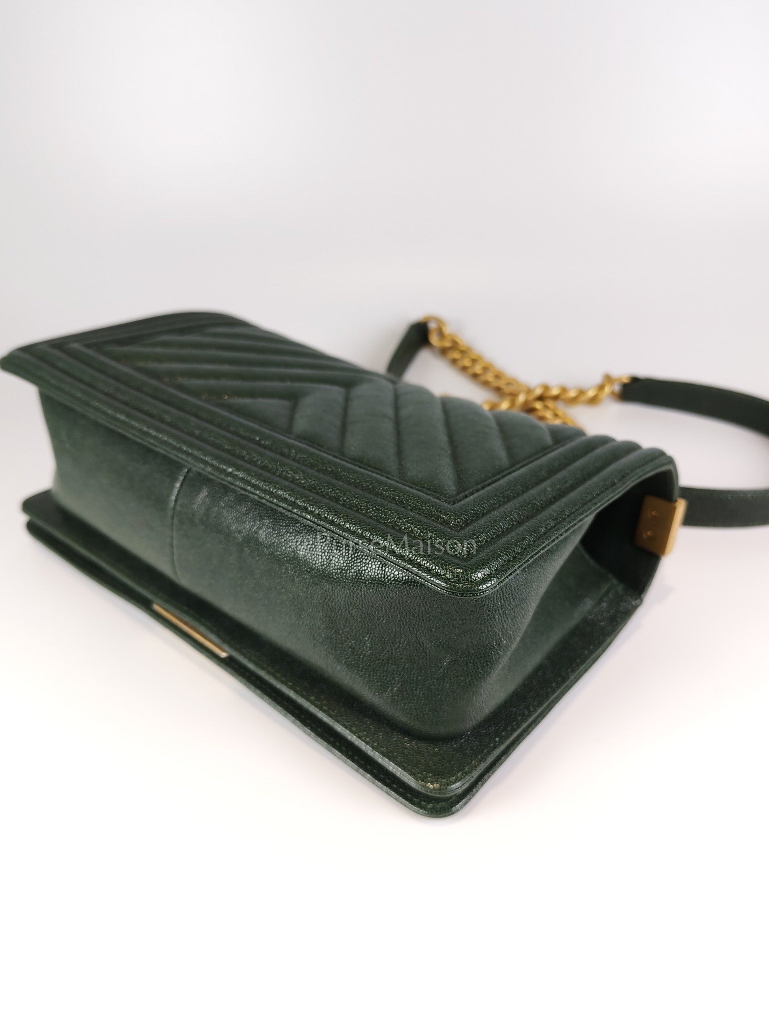 Boy Old Medium Chevron in Green Calfskin Leather and Aged Gold Hardware Series 26 | Purse Maison Luxury Bags Shop