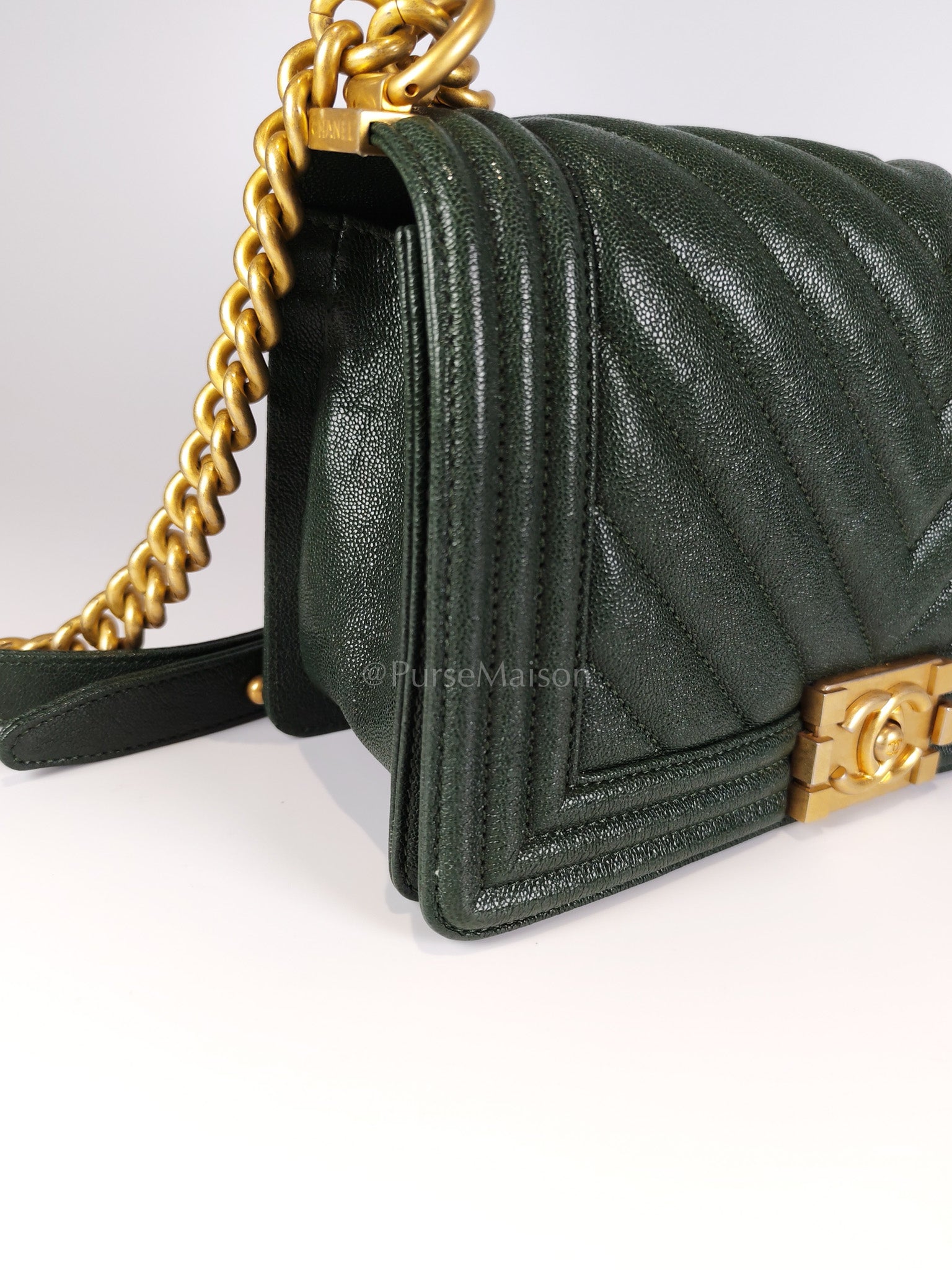 Boy Old Medium Chevron in Green Calfskin Leather and Aged Gold Hardware Series 26 | Purse Maison Luxury Bags Shop