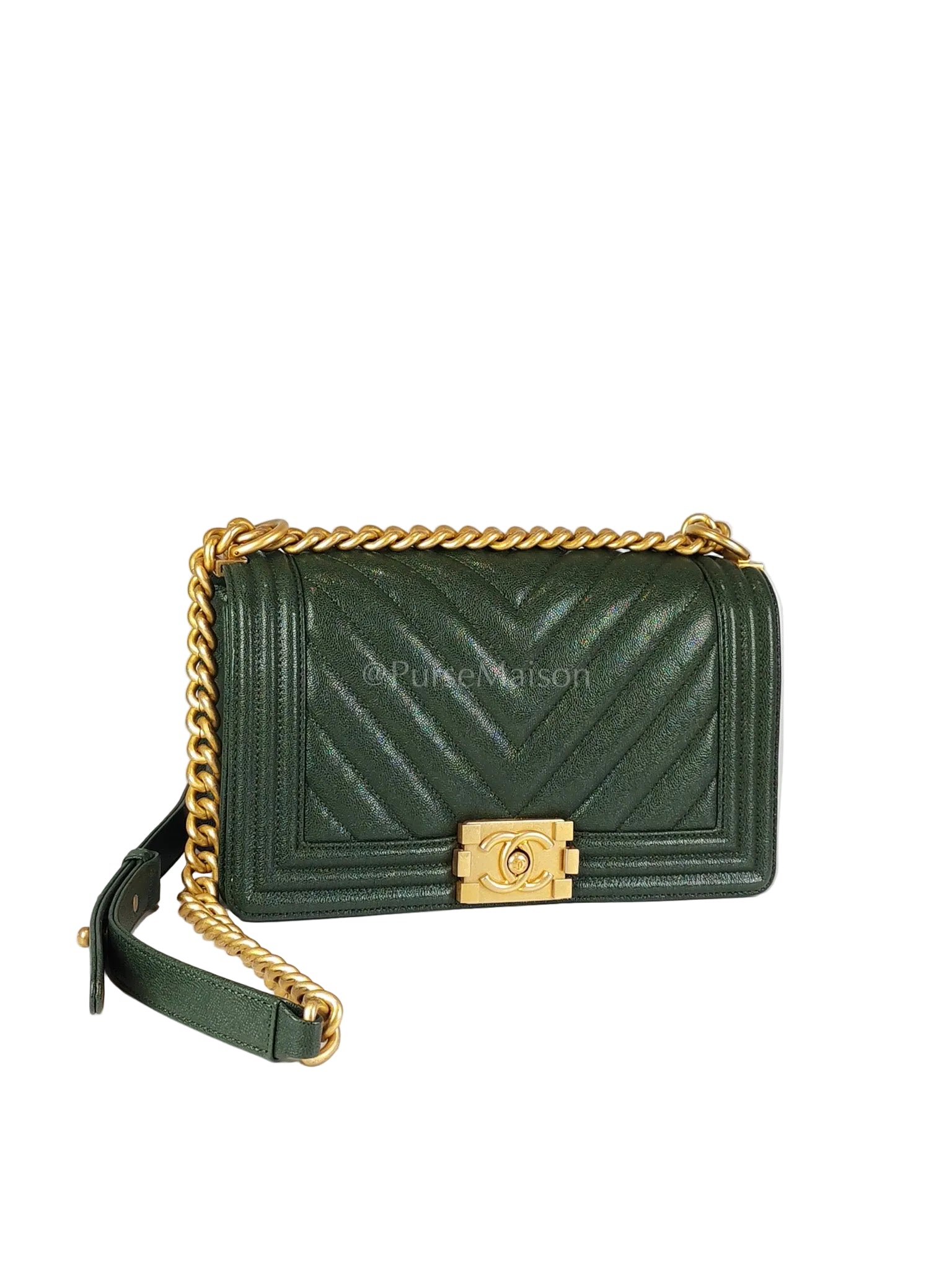 Boy Old Medium Chevron in Green Calfskin Leather and Aged Gold Hardware Series 26 | Purse Maison Luxury Bags Shop