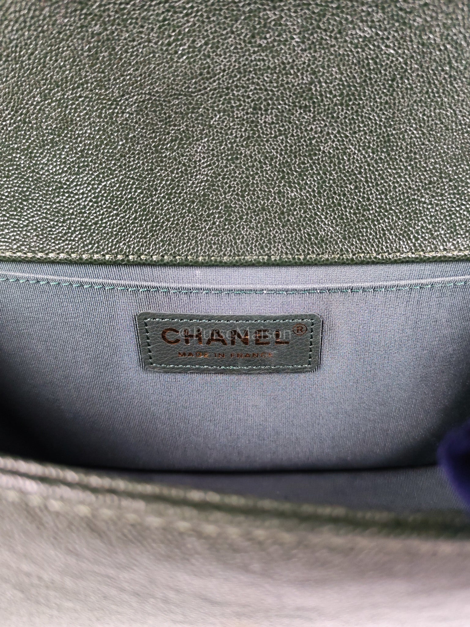 Boy Old Medium Chevron in Green Calfskin Leather and Aged Gold Hardware Series 26 | Purse Maison Luxury Bags Shop