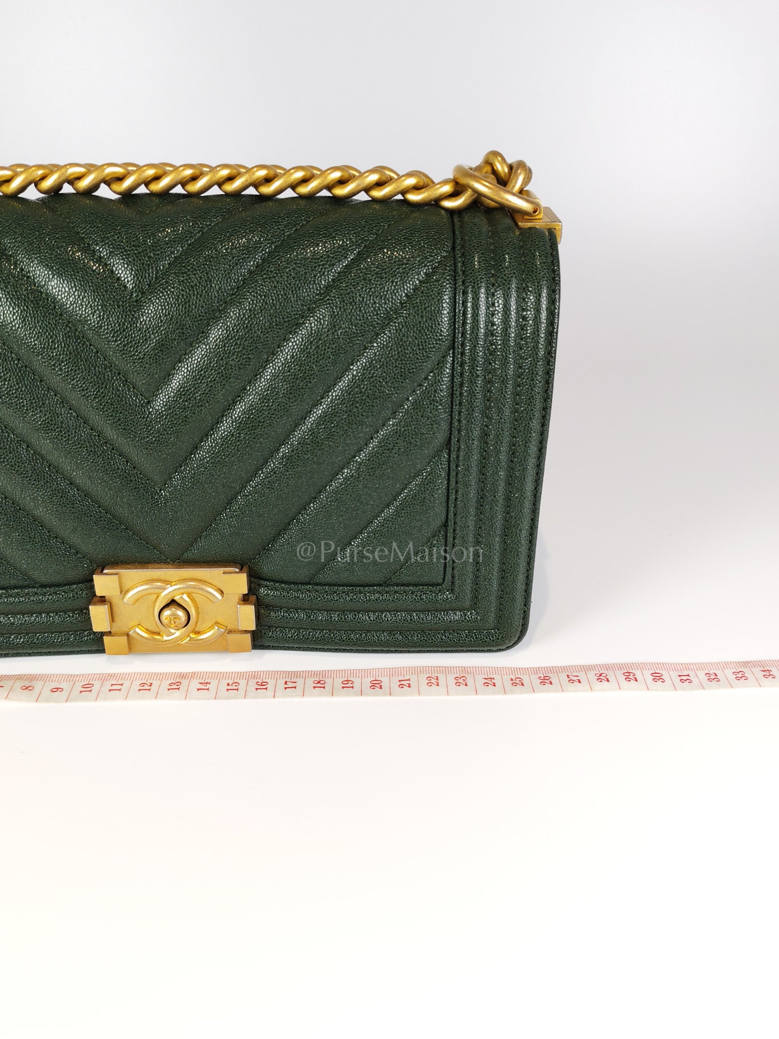 Boy Old Medium Chevron in Green Calfskin Leather and Aged Gold Hardware Series 26 | Purse Maison Luxury Bags Shop