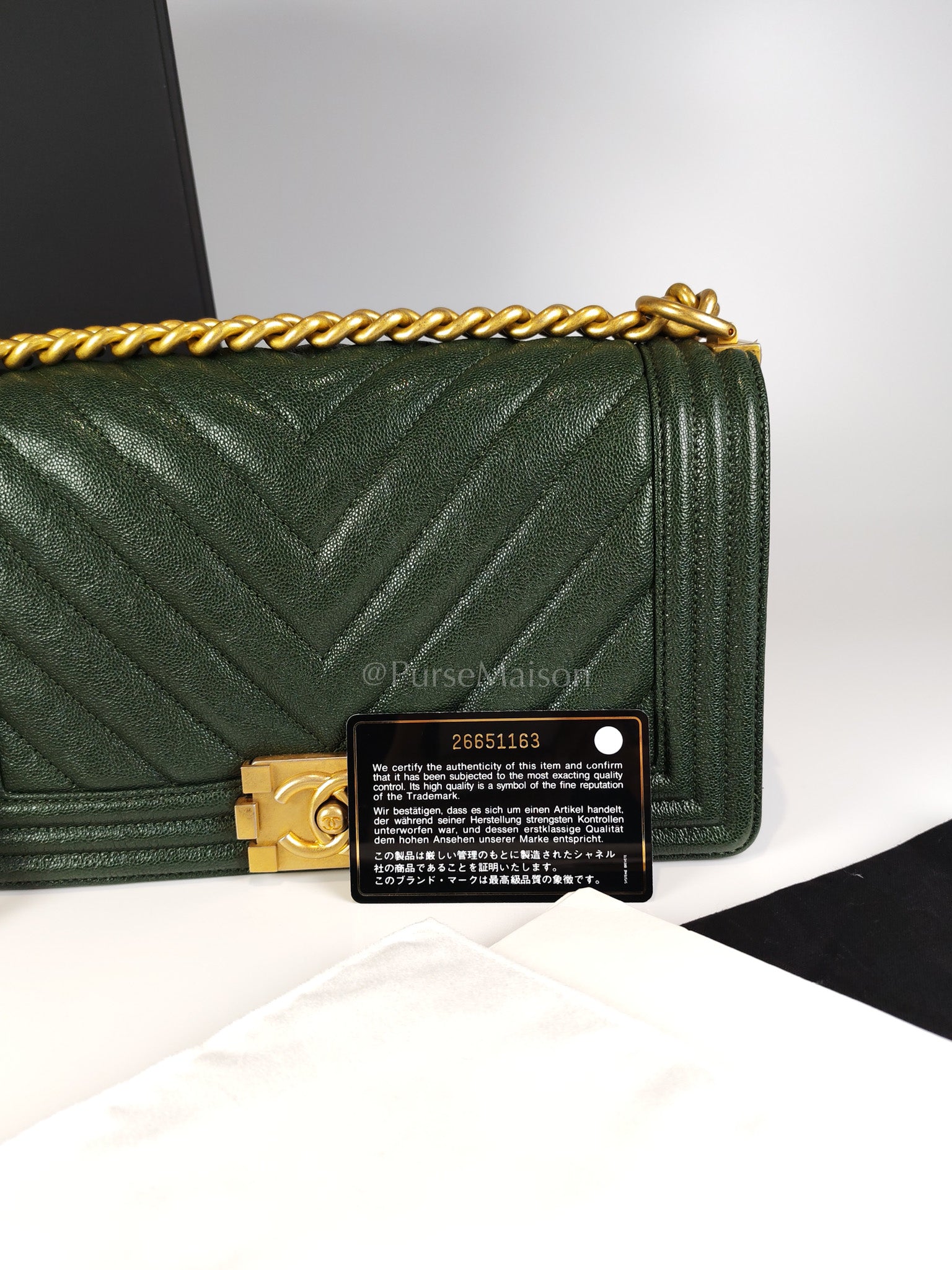 Boy Old Medium Chevron in Green Calfskin Leather and Aged Gold Hardware Series 26 | Purse Maison Luxury Bags Shop