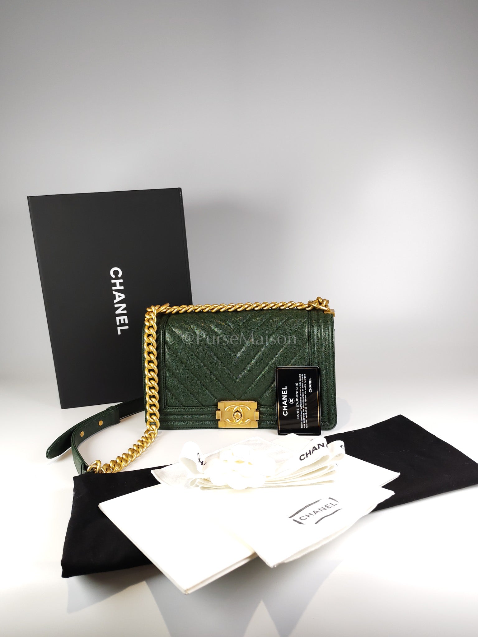 Boy Old Medium Chevron in Green Calfskin Leather and Aged Gold Hardware Series 26 | Purse Maison Luxury Bags Shop