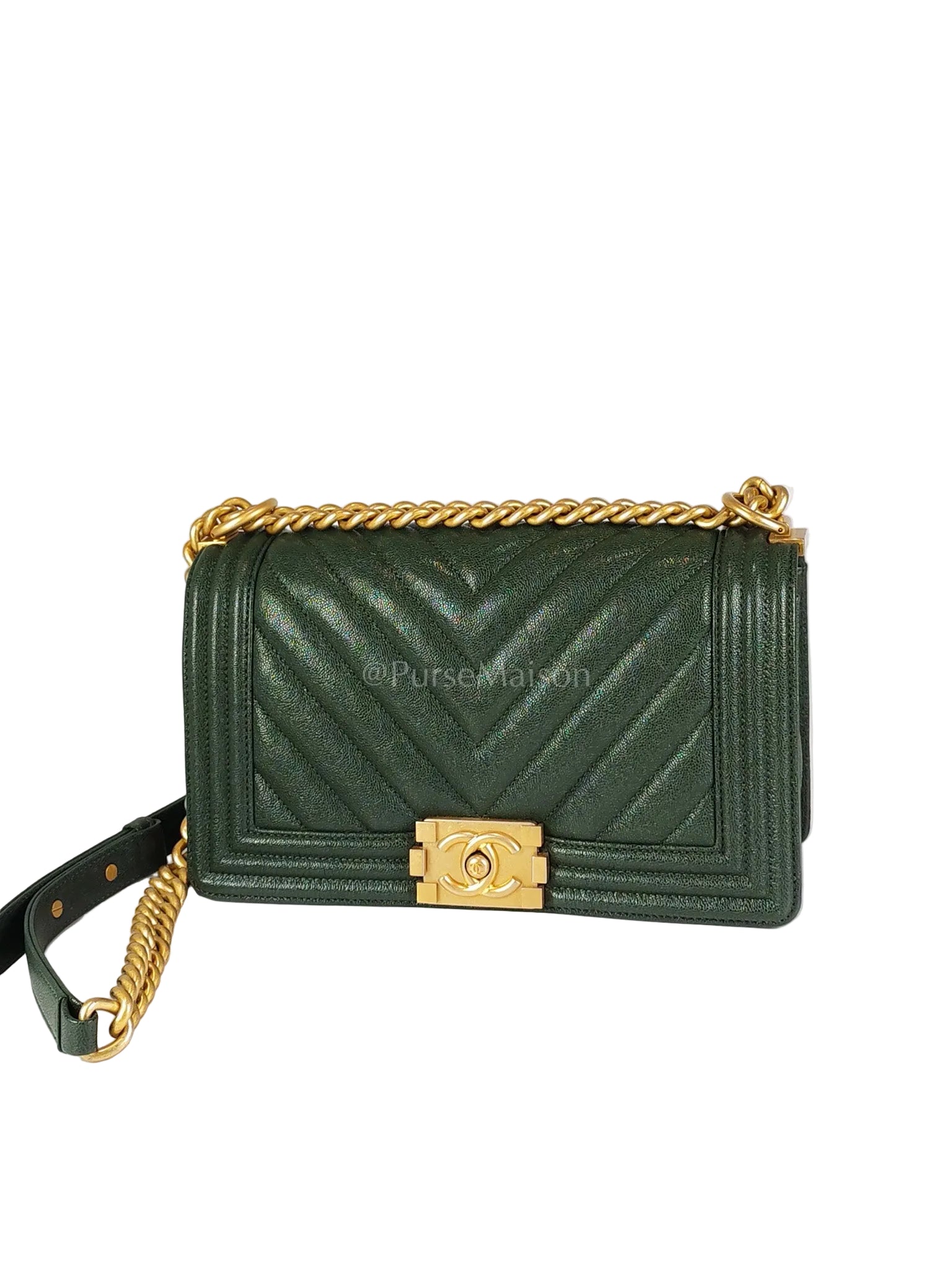 Boy Old Medium Chevron in Green Calfskin Leather and Aged Gold Hardware Series 26 | Purse Maison Luxury Bags Shop